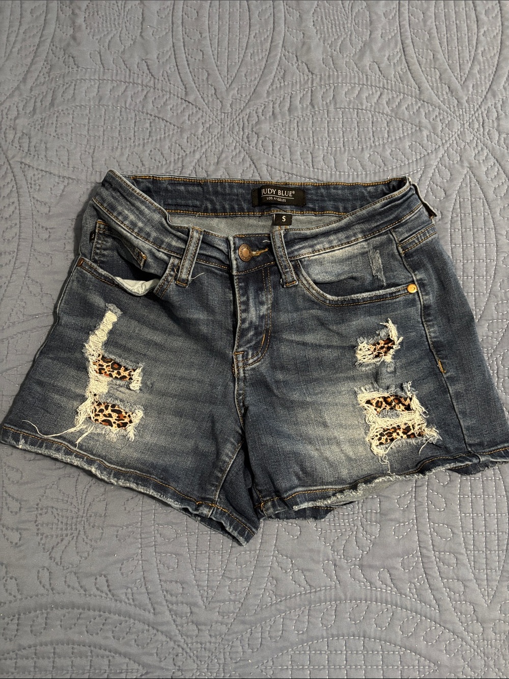 Judy Blue Dark Wash Distressed Denim Shorts with Leopard Inset